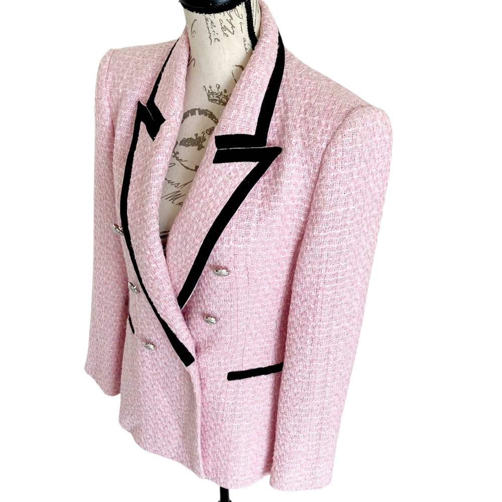 SOLD Zara Tweed pink Double Breasted Blazer Jacket L Structured contrast Black - Picture 12 of 17